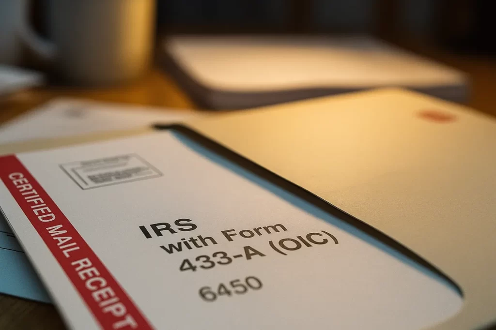 Certified mail with IRS Form 433-A(OIC) sent for tax debt settlement