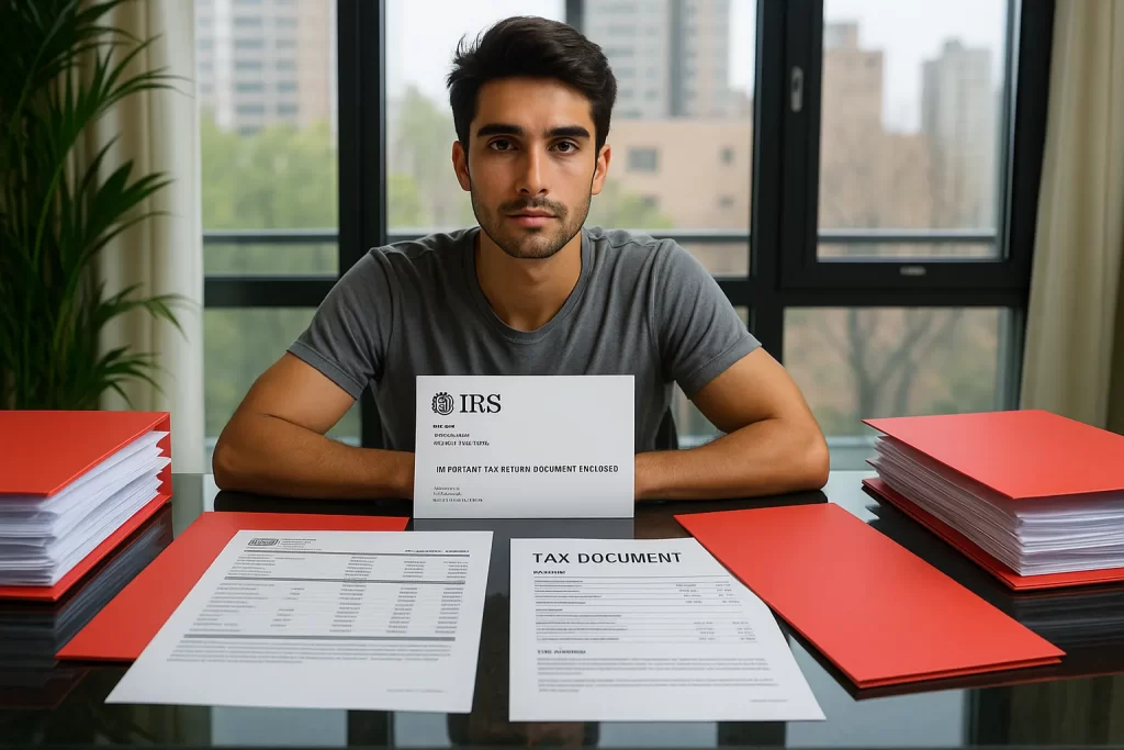 Taxpayer preparing IRS settlement documents with organized financial records