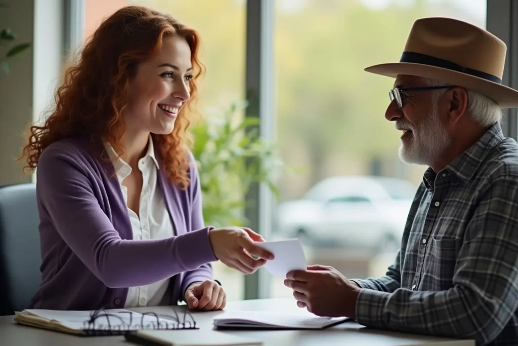 Senior receiving property tax relief approval letter from county office