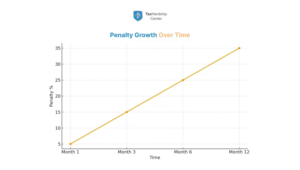 Line chart showing filing past taxes penalty growth from 5 percent in month one to 35 percent by month twelve.