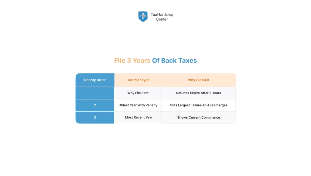 Table showing the order to file 3 years of back taxes: refund year first, oldest penalty year second, most recent year third.