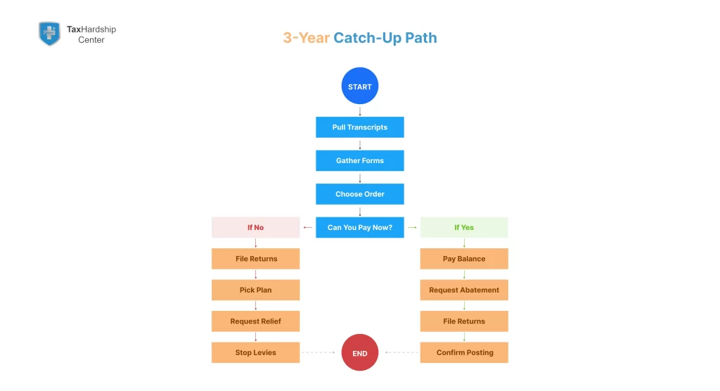 Flow chart for i haven t filed taxes in 3 years showing steps to file, one decision on ability to pay now, and outcomes to stop penalties and levies.