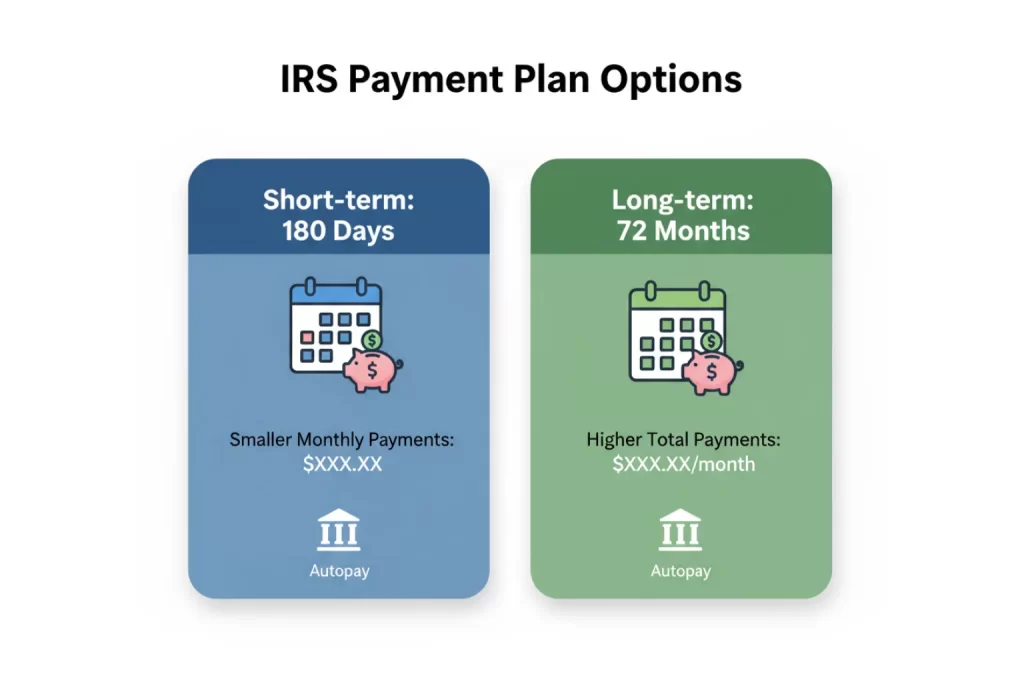 Timeline showing steps to pay irs back taxes from filing returns to setting plans paying monthly staying compliant and seeking penalty relief