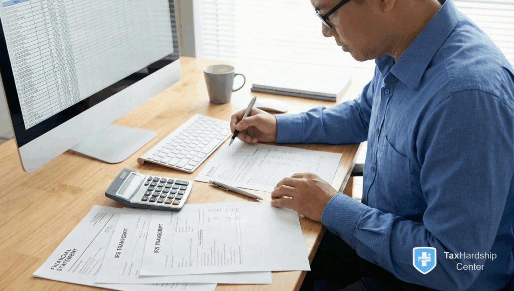 Tax professional reviewing IRS transcripts and financial documents to illustrate tax relief cost analysis