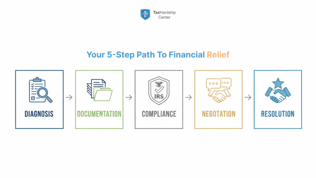 Flowchart showing the step-by-step Tax Hardship Center method for tax relief.