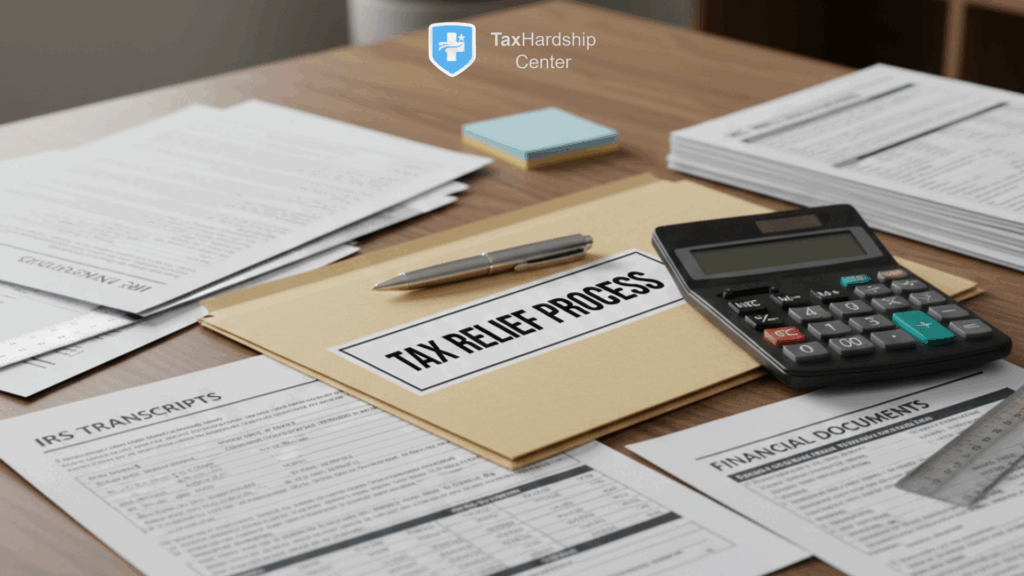 Workspace with IRS transcripts and financial documents representing the tax relief process.
