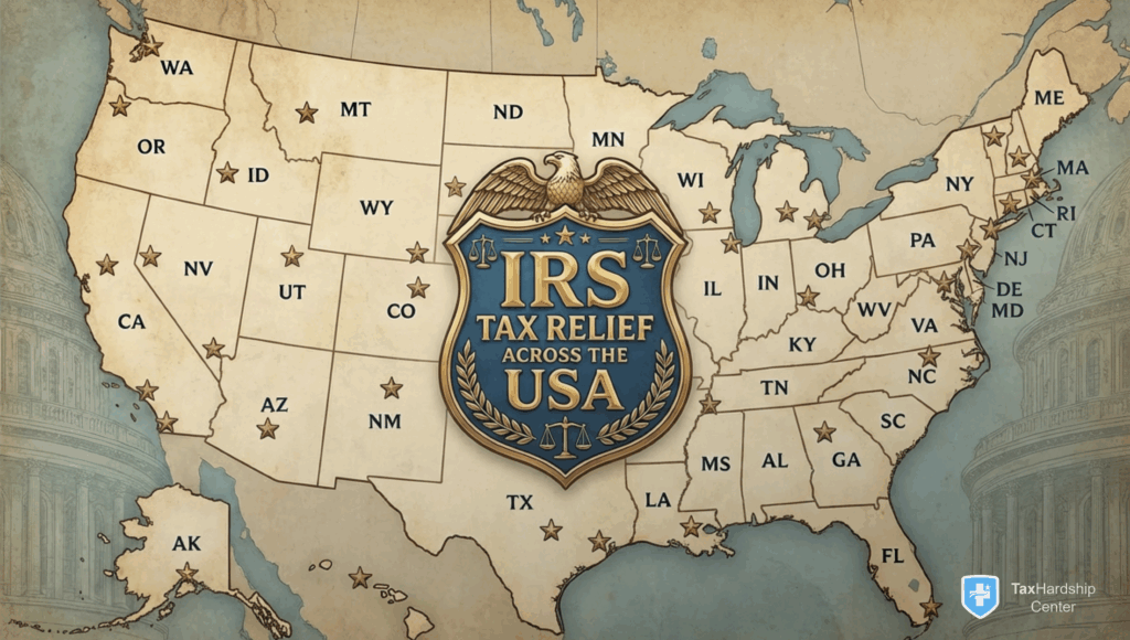 United States map graphic showing IRS tax relief services available in all 50 states