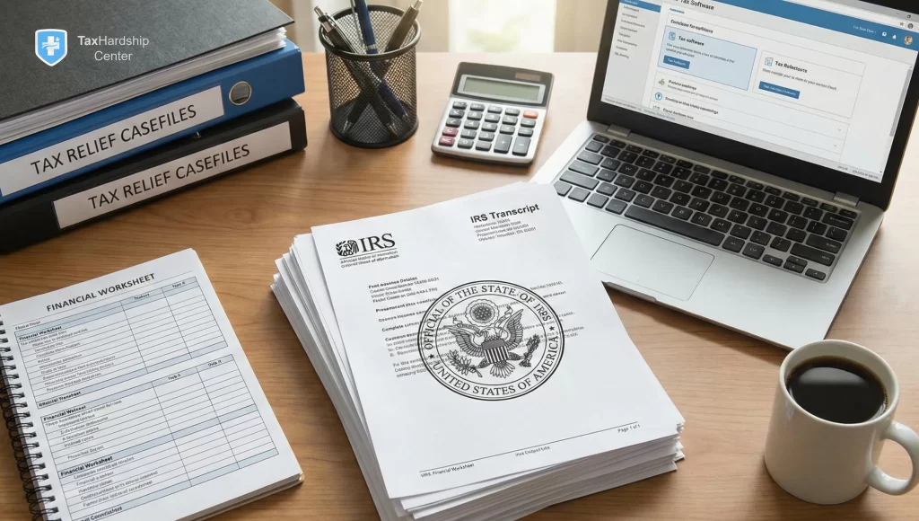 Desk setup with IRS documents, financial statements, and compliance checklists used for IRS tax relief case preparation.